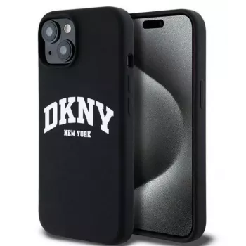 DKNY Apple iPhone 15 Funda rígida Liquid Silicone White Printed Logo MagSafe Black