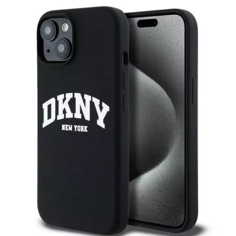 DKNY Apple iPhone 15 Funda rígida Liquid Silicone White Printed Logo MagSafe Black
