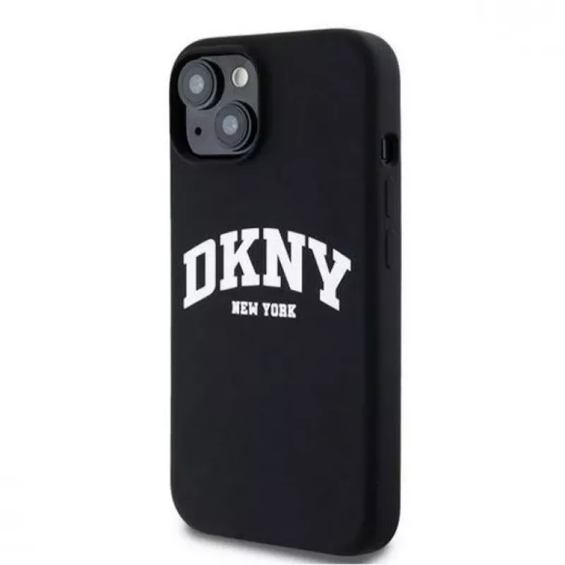 DKNY Apple iPhone 15 Funda rígida Liquid Silicone White Printed Logo MagSafe Black