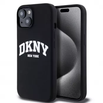 DKNY Apple iPhone 15 Funda rígida Liquid Silicone White Printed Logo MagSafe Black