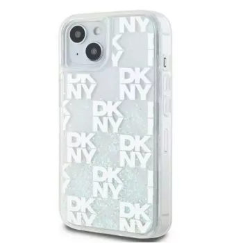 DKNY Funda rígida Liquid Glitter Multilogo para Apple iPhone 15 Blanca