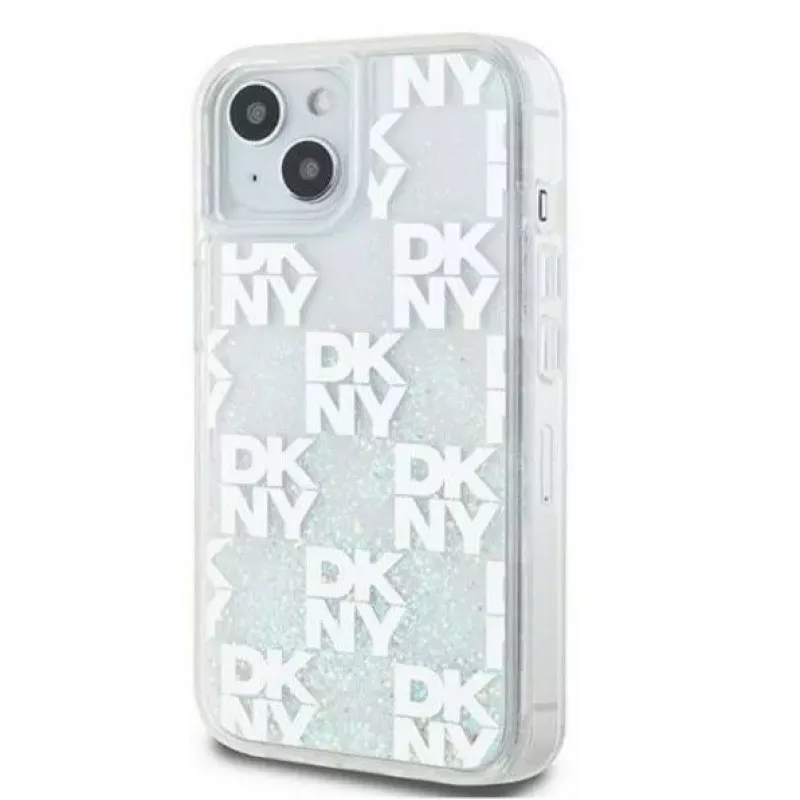 DKNY Funda rígida Liquid Glitter Multilogo para Apple iPhone 15 Blanca