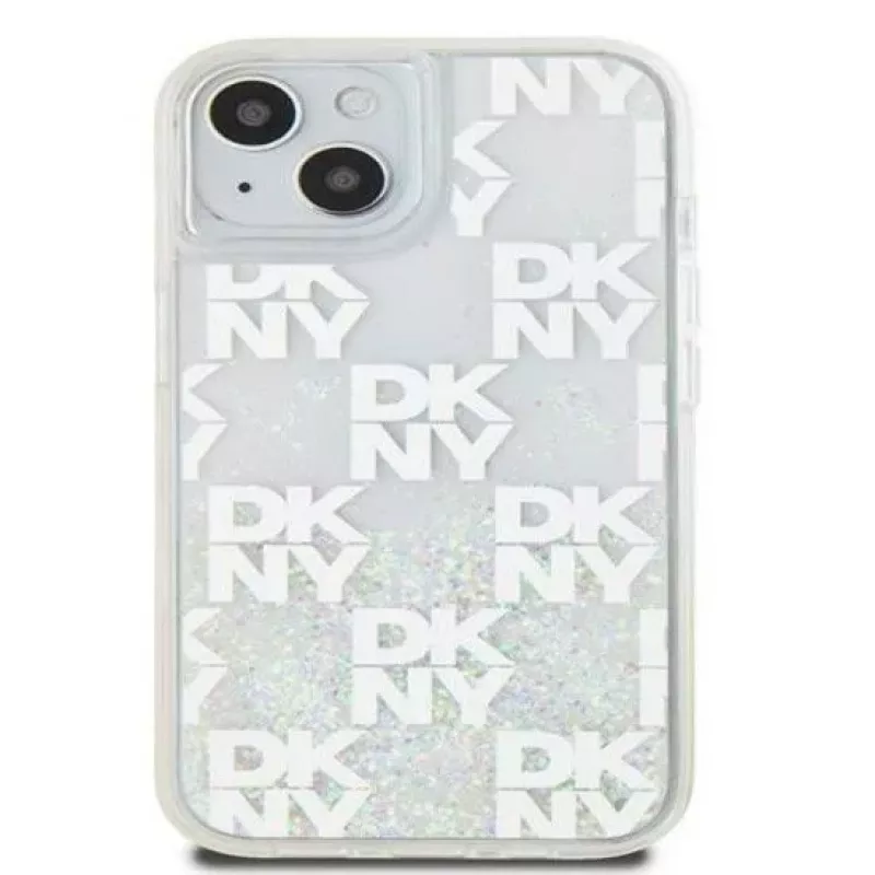 DKNY Funda rígida Liquid Glitter Multilogo para Apple iPhone 15 Blanca
