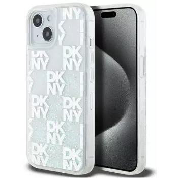 DKNY Funda rígida Liquid Glitter Multilogo para Apple iPhone 15 Blanca