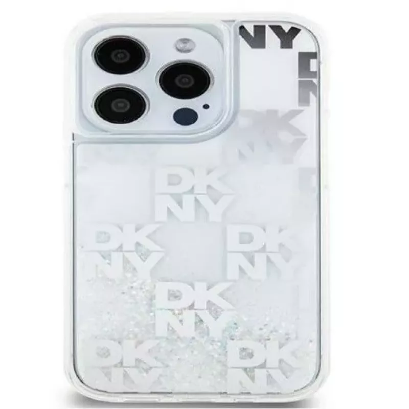 DKNY Funda rígida Liquid Glitter Multilogo para Apple iPhone 15 Pro 6.1 Blanca