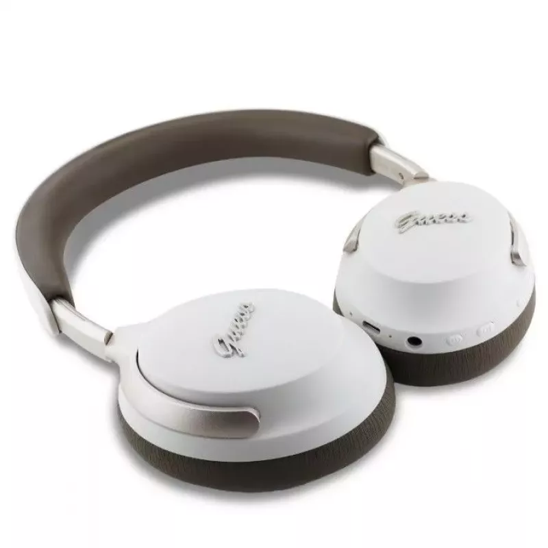 Guess Auriculares inalámbricos ANC/ENC PU Leather Script Logo Beige