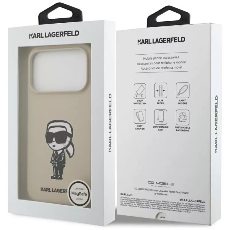 Karl Lagerfeld Funda de silicona con MagSafe para Apple iPhone 17 Pro - Marrón (KL Sketch & Logo)
