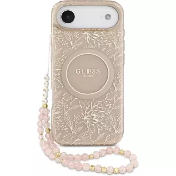 Guess Funda de silicona con MagSafe Flowers Allover con correa de perlas para Apple iPhone 17 Air Rosa