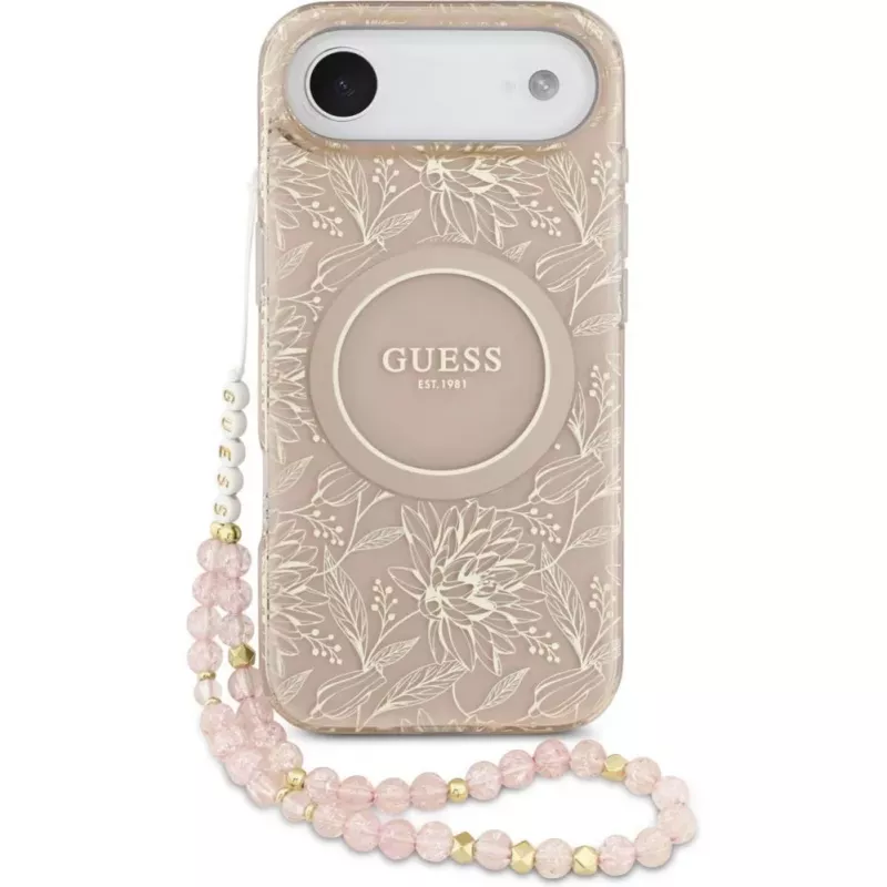 Guess Funda de silicona con MagSafe Flowers Allover con correa de perlas para Apple iPhone 17 Air Rosa