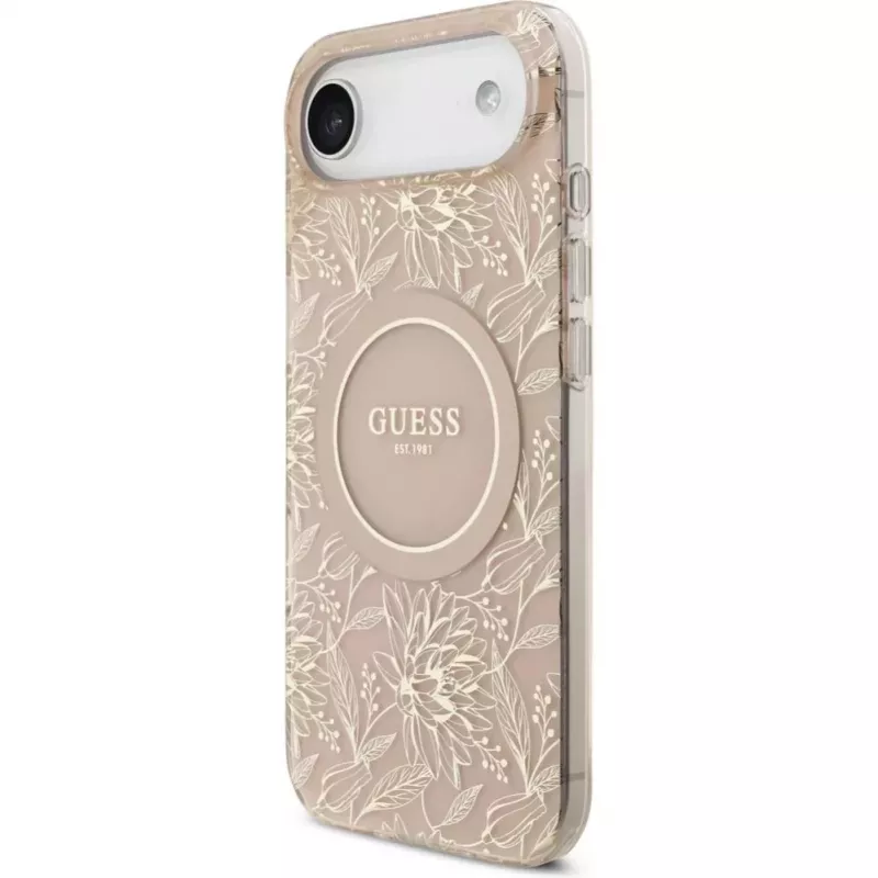 Guess Funda de silicona con MagSafe Flowers Allover con correa de perlas para Apple iPhone 17 Air Rosa
