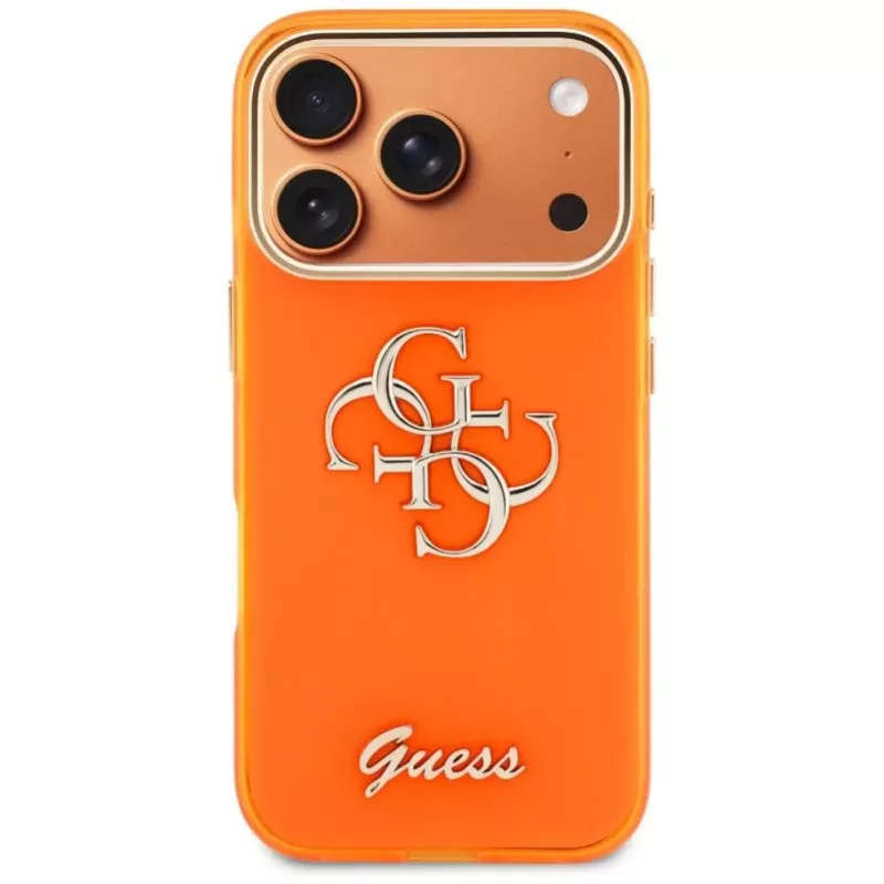 Guess IML 4G Script Metal Funda para iPhone 17 Pro, naranja