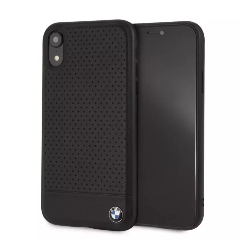 BMW Funda rígida de piel perforada para Apple iPhone XR, negra