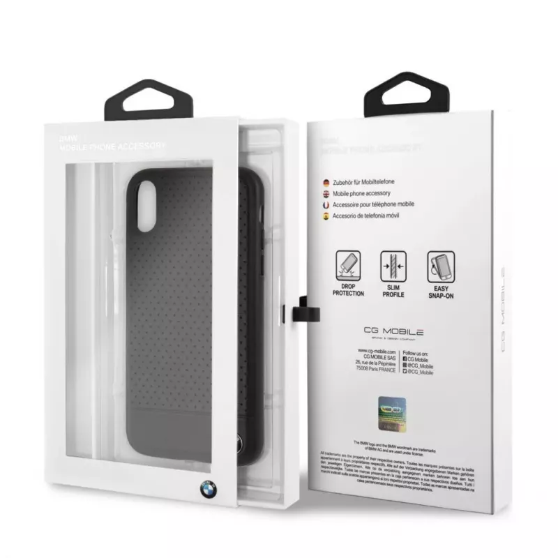 BMW Funda rígida de piel perforada para Apple iPhone XR, negra