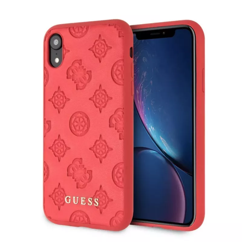 Guess Funda rígida de piel PU Debossed para Apple iPhone XR, rojo peonía