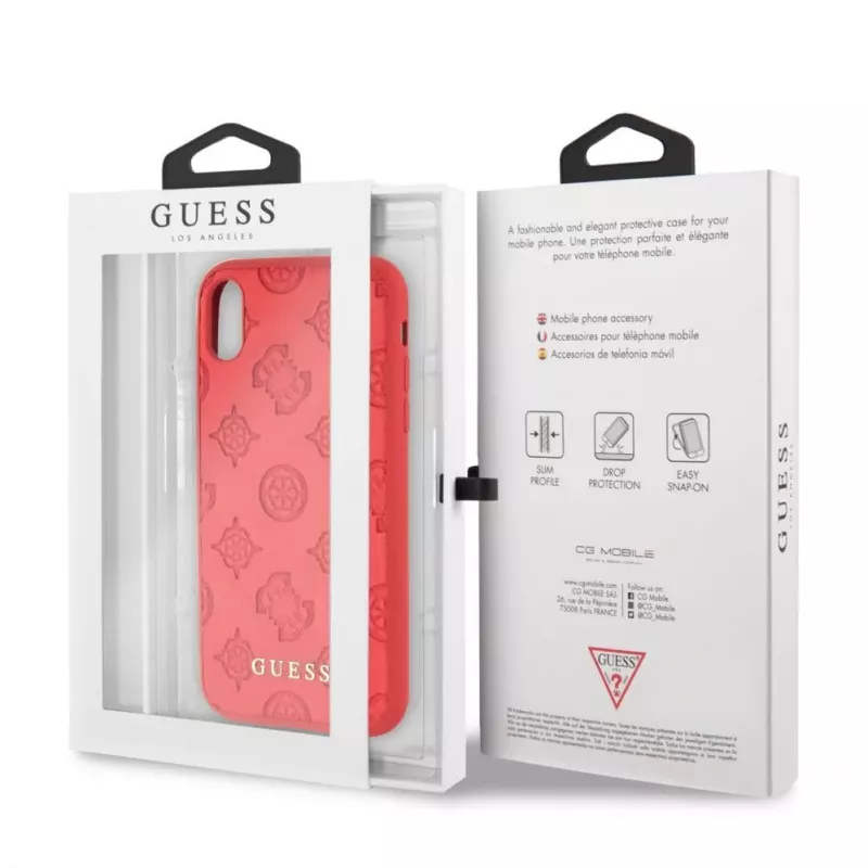 Guess Funda rígida de piel PU Debossed para Apple iPhone XR, rojo peonía