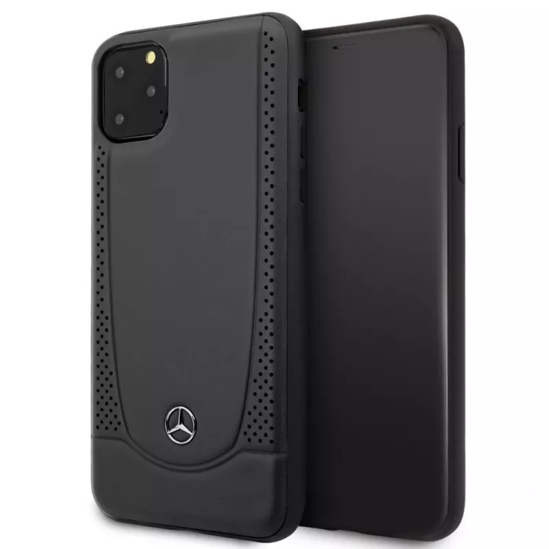 Mercedes-Benz Funda rígida de piel con perforación para Apple iPhone 11 Pro Max, negra