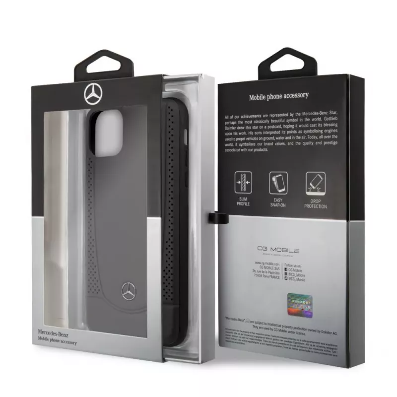 Mercedes-Benz Funda rígida de piel con perforación para Apple iPhone 11 Pro Max, negra