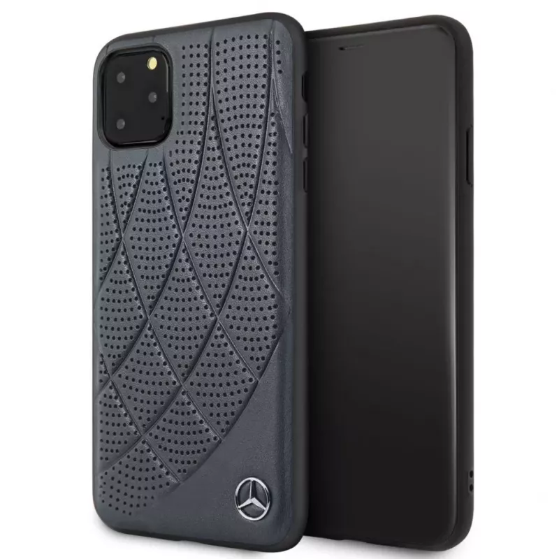 Mercedes-Benz Funda trasera acolchada de piel genuina para Apple iPhone 11 Pro Max, azul