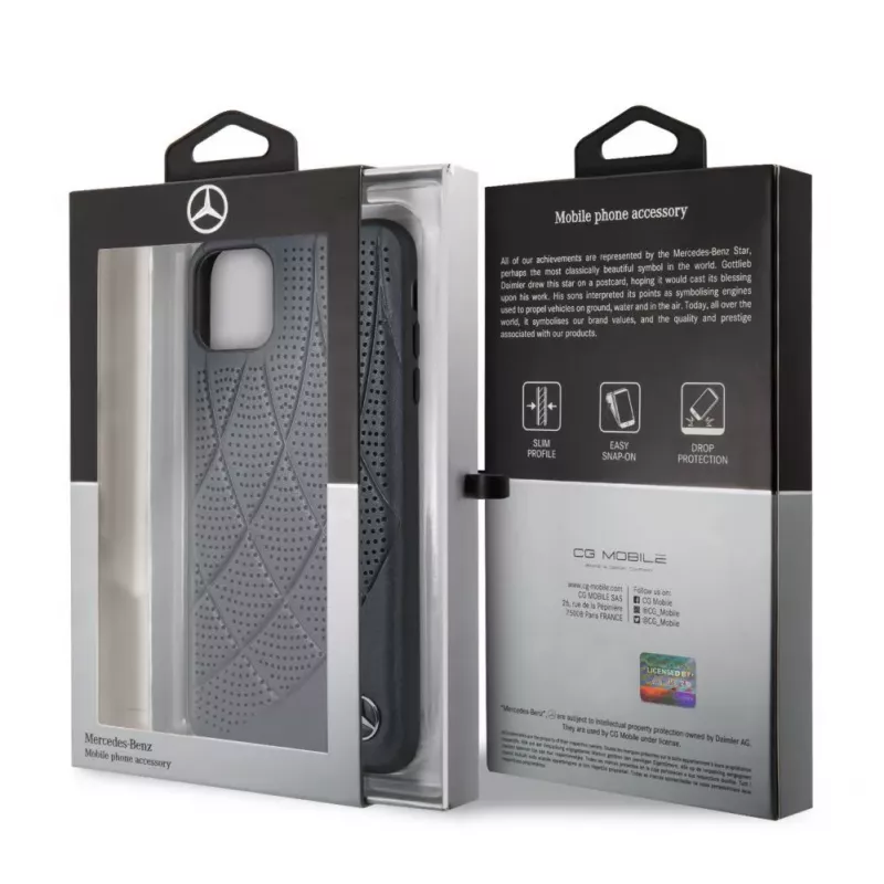 Mercedes-Benz Funda trasera acolchada de piel genuina para Apple iPhone 11 Pro Max, azul
