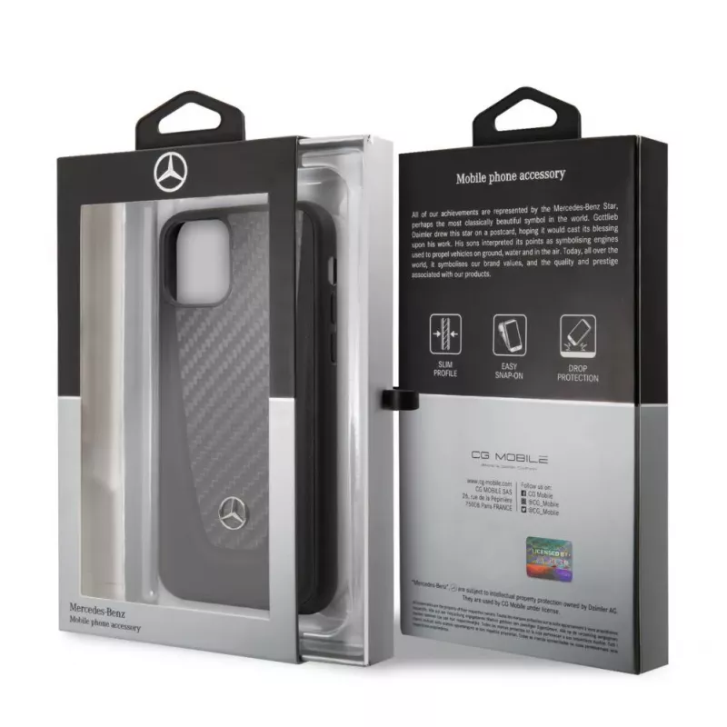 Mercedes-Benz Funda rígida de piel y carbono para Apple iPhone 11 Pro, negra