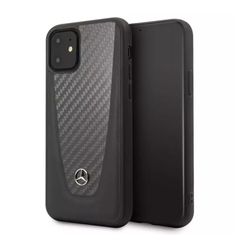 Mercedes-Benz Funda rígida de piel y carbono para Apple iPhone 11, negra