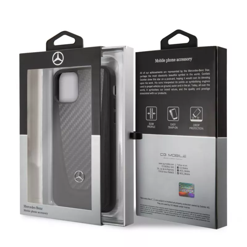 Mercedes-Benz Funda rígida de piel y carbono para Apple iPhone 11, negra
