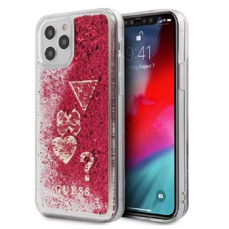 Guess Funda Liquid Glitter Charms para iPhone 12 mini 5,4 pulgadas frambuesa