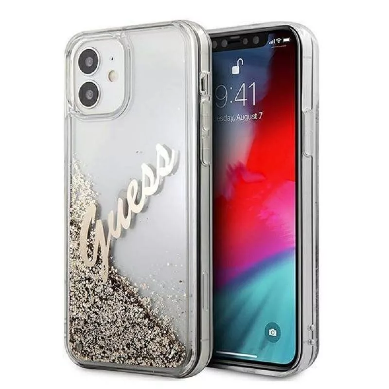 Guess Funda Liquid Glitter Vintage para Apple iPhone 12 Mini 5,4 pulgadas dorada