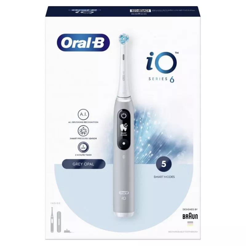Oral-B iO Series 6 cepillo de dientes eléctrico recargable, gris ópalo, 5 modos de limpieza, 1 cabezal de cepillo, Bluetooth