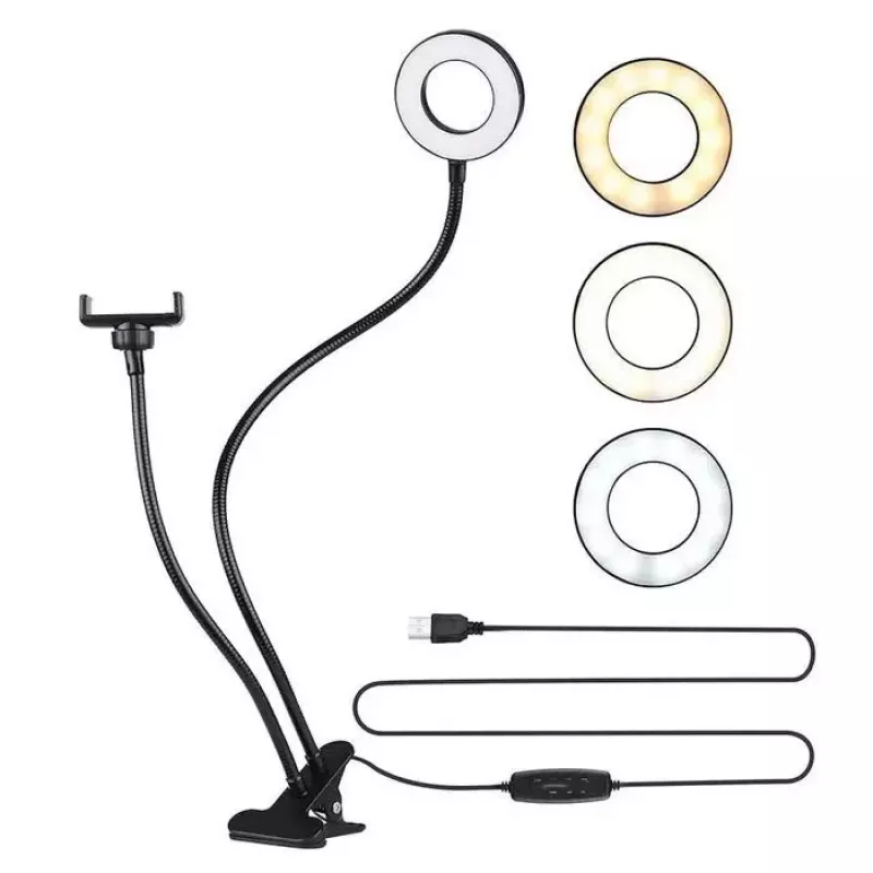 Elight TF Pinza de Escritorio Selfie Live Stream Anillo de Luz LED de 11cm con Tubo Flexible de 30cm y Soporte para Teléfono, Negro