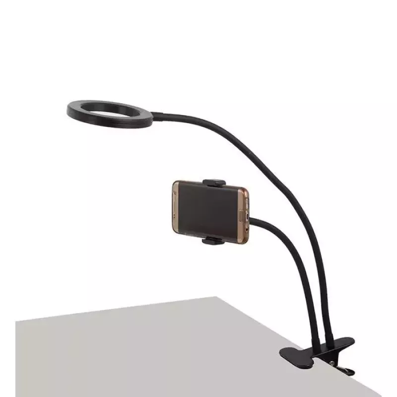 Elight TF Pinza de Escritorio Selfie Live Stream Anillo de Luz LED de 11cm con Tubo Flexible de 30cm y Soporte para Teléfono, Negro