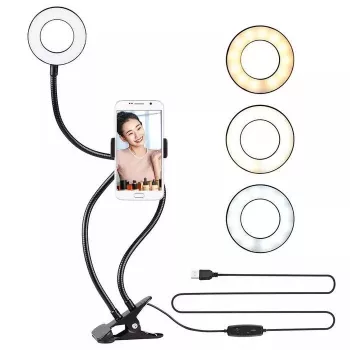 Elight TF Pinza de Escritorio Selfie Live Stream Anillo de Luz LED de 11cm con Tubo Flexible de 30cm y Soporte para Teléfono, Negro