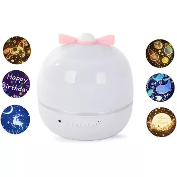 Lámpara de proyección nocturna Kiddyz WH-16E Dream (12x12x12 cm) con 6 láminas de motivos, recargable por USB-C, blanca