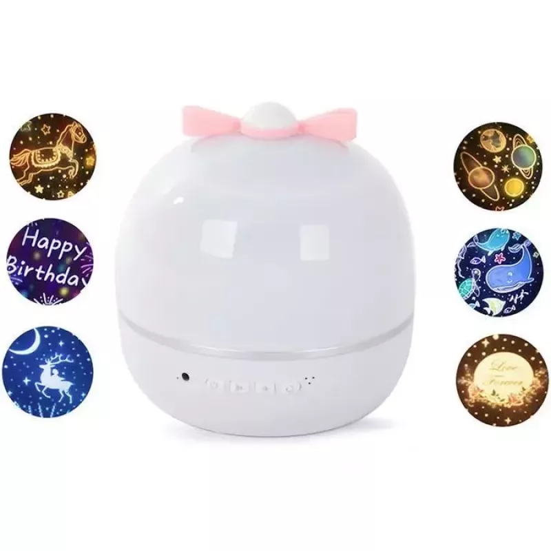 Lámpara de proyección nocturna Kiddyz WH-16E Dream (12x12x12 cm) con 6 láminas de motivos, recargable por USB-C, blanca