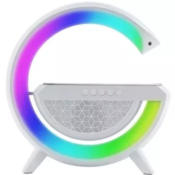 Lámpara altavoz Elight G Shape con iluminación LED RGB y cargador inalámbrico para dispositivos inteligentes blanca