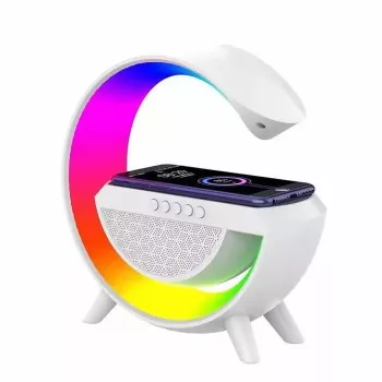 Lámpara altavoz Elight G Shape con iluminación LED RGB y cargador inalámbrico para dispositivos inteligentes blanca