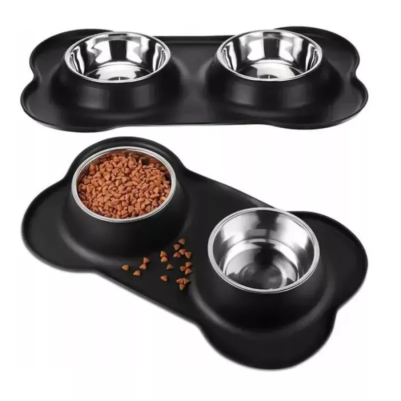 Set de comedero doble para mascotas iLike 2×175ml acero inoxidable + silicona antideslizante para gatos y perros pequeños