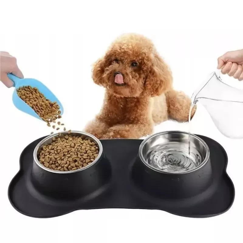 Set de comedero doble para mascotas iLike 2×175ml acero inoxidable + silicona antideslizante para gatos y perros pequeños