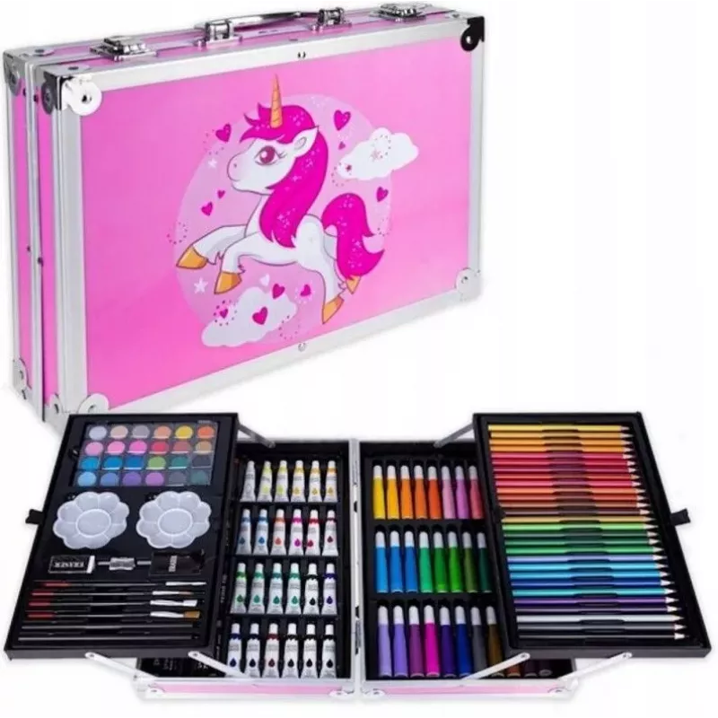 iLike Set de papelería y arte para niños 145 piezas kit creativo de dibujo estuche rosa