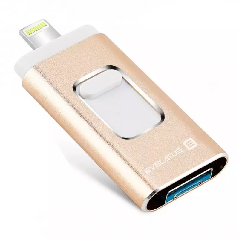 Evelatus Memoria USB Flash a Lightning 32GB 3en1 (USB, iPhone y Micro) dorada