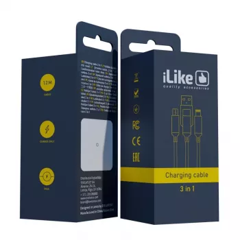 iLike Cable de carga 3 en 1, USB-A a USB-C/Lightning/Micro USB, nailon trenzado, 1,2 m, Negro