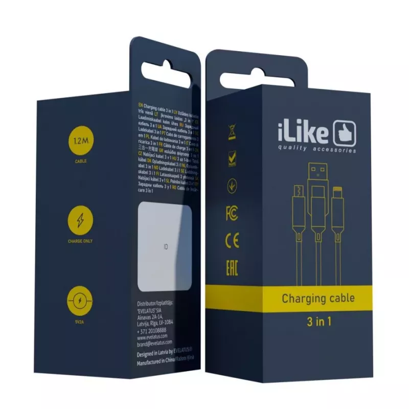 iLike Cable de carga 3 en 1, USB-A a USB-C/Lightning/Micro USB, nailon trenzado, 1,2 m, Negro