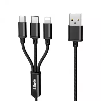 iLike Cable de carga 3 en 1, USB-A a USB-C/Lightning/Micro USB, nailon trenzado, 1,2 m, Negro
