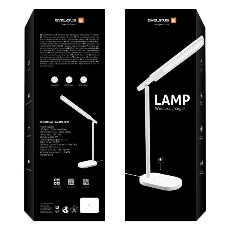 Evelatus Lámpara de escritorio con cargador inalámbrico EWC07 Negro