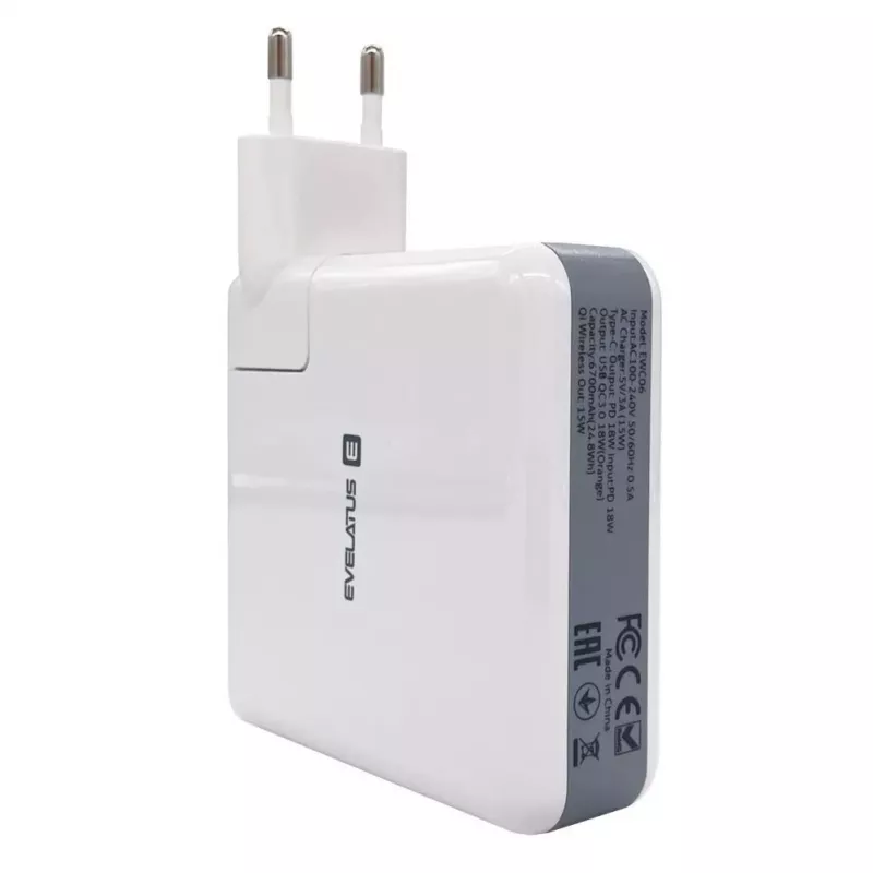 Evelatus Adaptador de viaje con cargador inalámbrico EWC06 Blanco