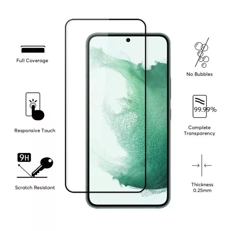 Evelatus Samsung Galaxy S22 protector de pantalla de cristal Full Cover 2.5D con pegamento japonés antiestático