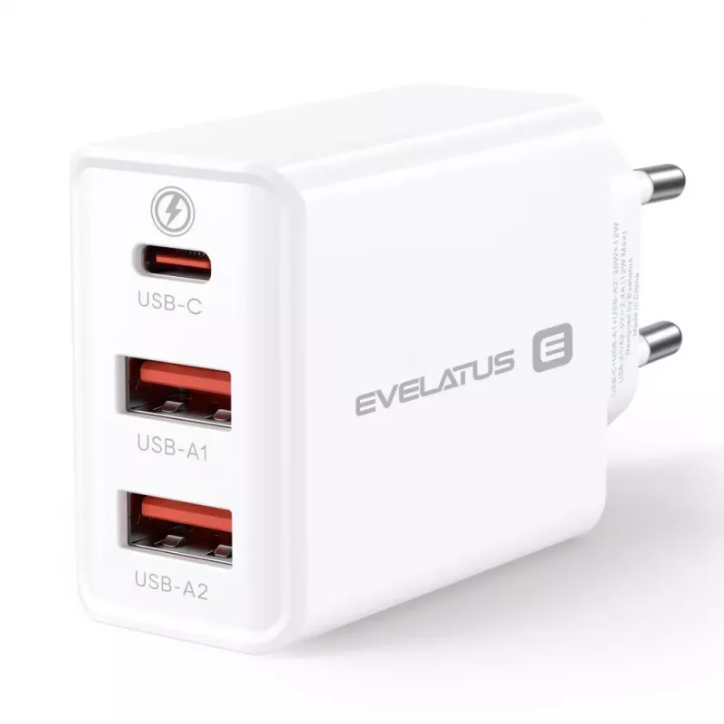 Evelatus Cargador de viaje ETC06 pared EU 3 puertos 32W USB-C / USB-A2 blanco