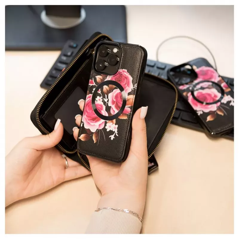 Evelatus Apple iPhone 14 Pro Funda de piel diseño de cremallera flor Negro