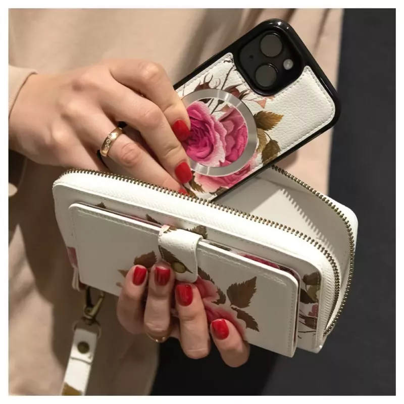Evelatus Apple iPhone 15 Funda de piel diseño de cremallera flor Blanco