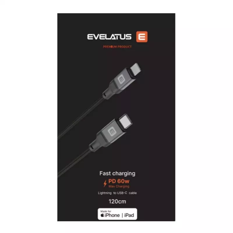 Evelatus Cable USB-C a Lightning 2,0M 60W (MFI09) carcasa de aluminio trenzado negro